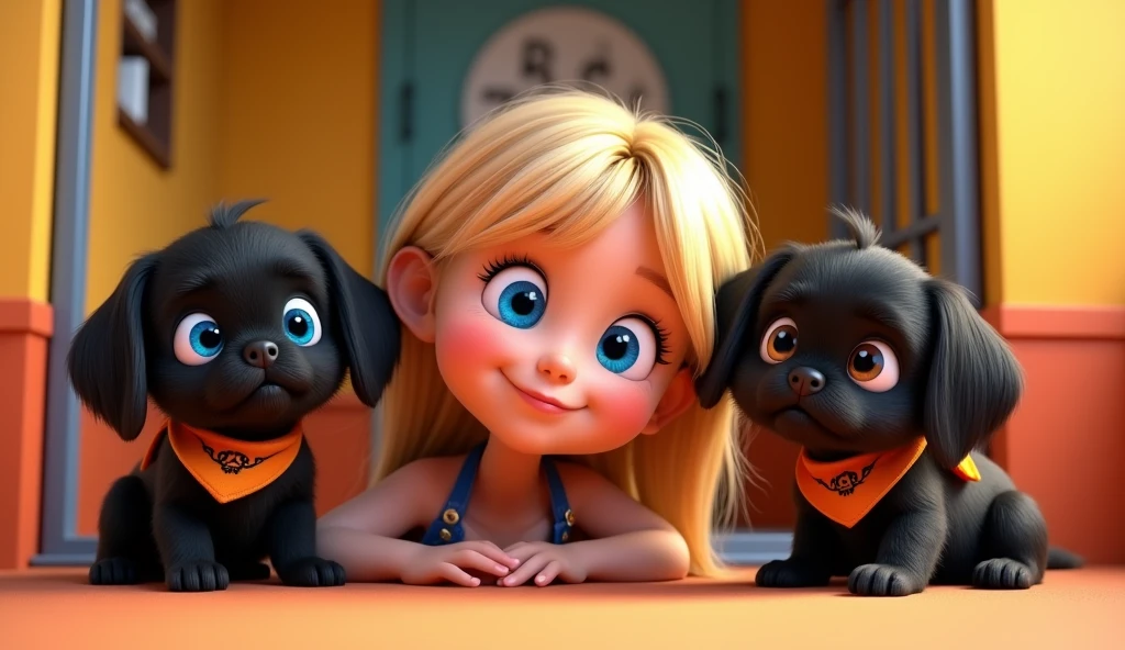 Cute blonde giirl with big blue eyes 1 policeman 2 adorable black shih tzu puppies with big blue eyes wearing bright collars and bandanas in jail 3D Pixar style
