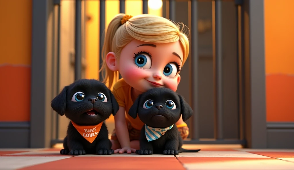 Cute blonde giirl with big blue eyes 1 policeman 2 adorable black shih tzu puppies with big blue eyes wearing bright collars and bandanas in jail 3D Pixar style