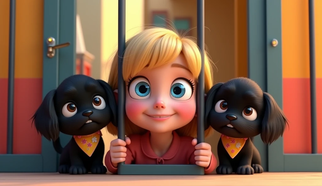 Cute blonde giirl with big blue eyes 1 policeman 2 adorable black shih tzu puppies with big blue eyes wearing bright collars and bandanas in jail 3D Pixar style