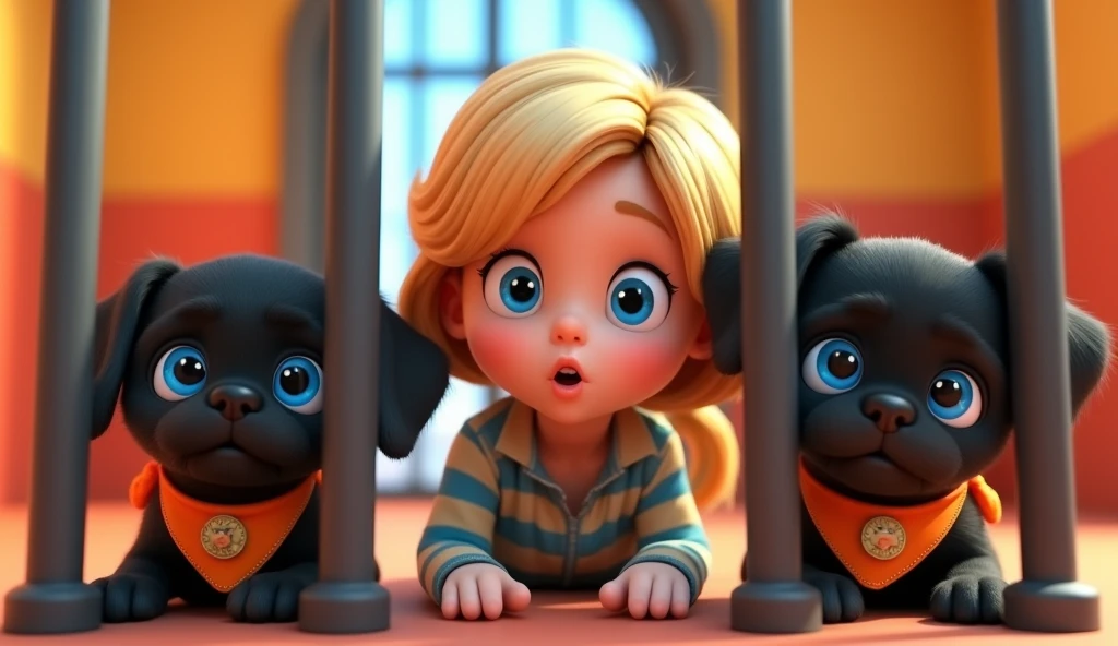 Cute blonde giirl with big blue eyes 1 policeman 2 adorable black shih tzu puppies with big blue eyes wearing bright collars and bandanas in jail 3D Pixar style