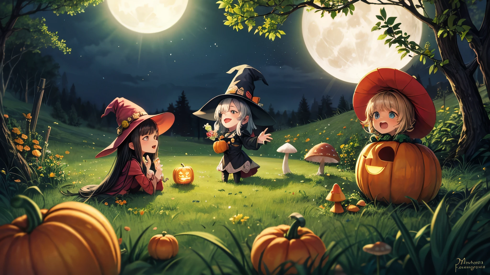 Cute witches and pumpkins singing in a field at night with a full moon. lots of mushrooms and moss, crystals, magic, pentagrams