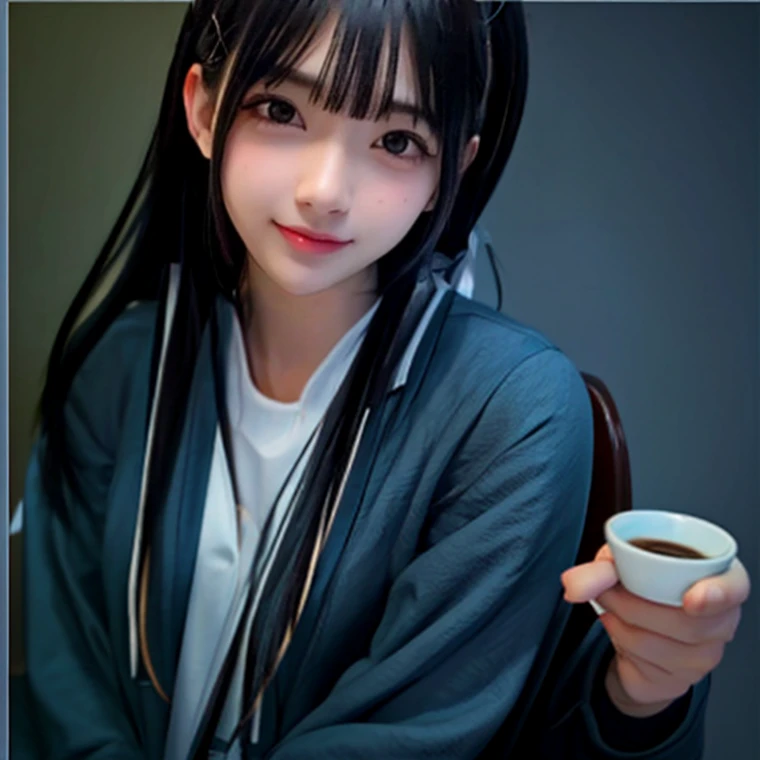 An anime girl sitting on a chair holding a coffee cup.