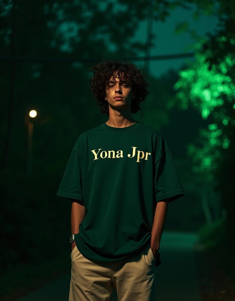 Adult male with curly hair, wearing a dark green oversized shirt that says Yona Jpr, Beige pants. a. At night, everything is dark green
