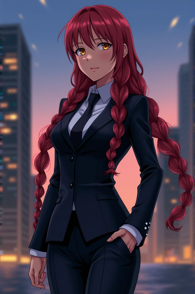 Make the image of a tall woman wearing a black suit and tie. She has braided red hair, honey-colored eyes. Her gaze is calm and serious and her body is strong. Anime style