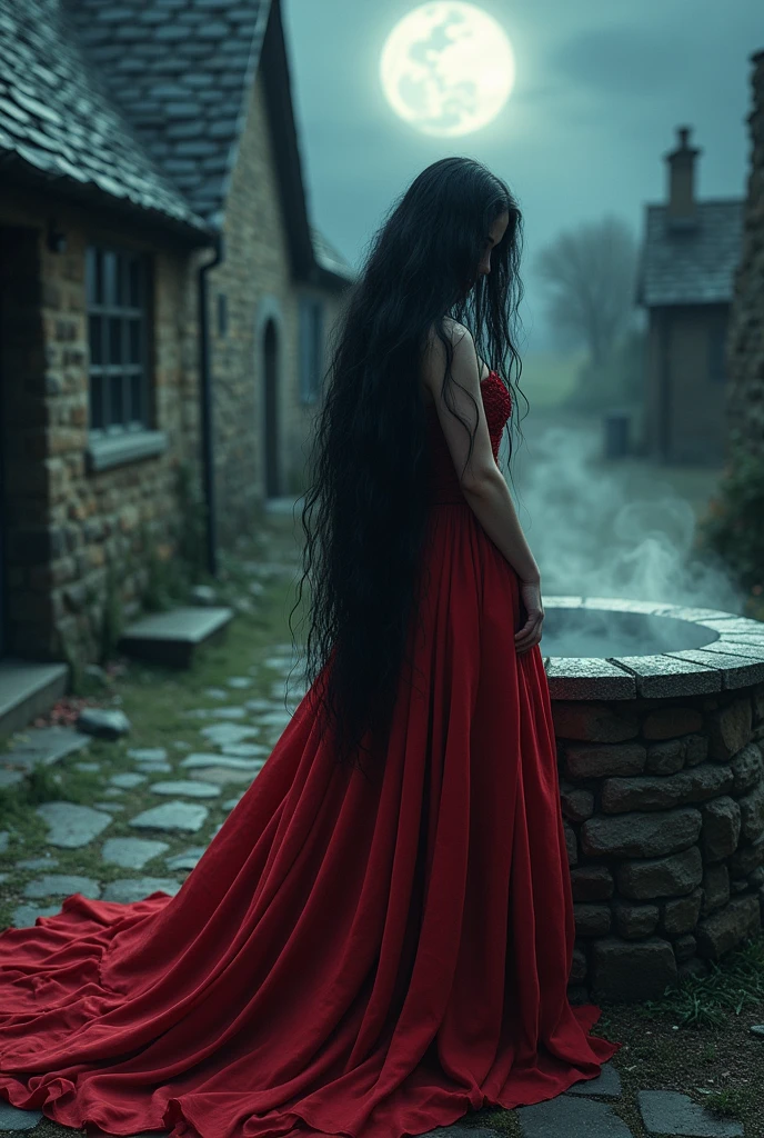Ghost bride in red wedding gown hairs on face standing beside Village scary well night picture