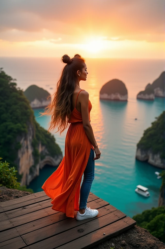 
portrait of a beautiful Indonesian woman with long hair, two
ponytails, wearing a Maxi dress, long tight jeans and sneakers, standing on a plank platform dangling over the edge of a cliff, below you can see several small islands with sea water that looks blue from above. far away, the sky is exposed to the rays of light from the beautiful sunset in the afternoon, the charm of the sunset, an amazing natural tourist attraction from the city of Riau, which is famous as Puncak Kompe, one of the natural beauties that is very enchanting, very real, realistic, cinematic