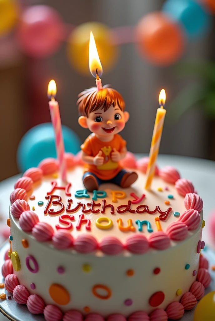 Un gateau auquel inscrit le nom Happy Birthday Shouni et avec un bougie en chiffre 2 ans sur le gâteau avec un petit enfant sur le gâteau