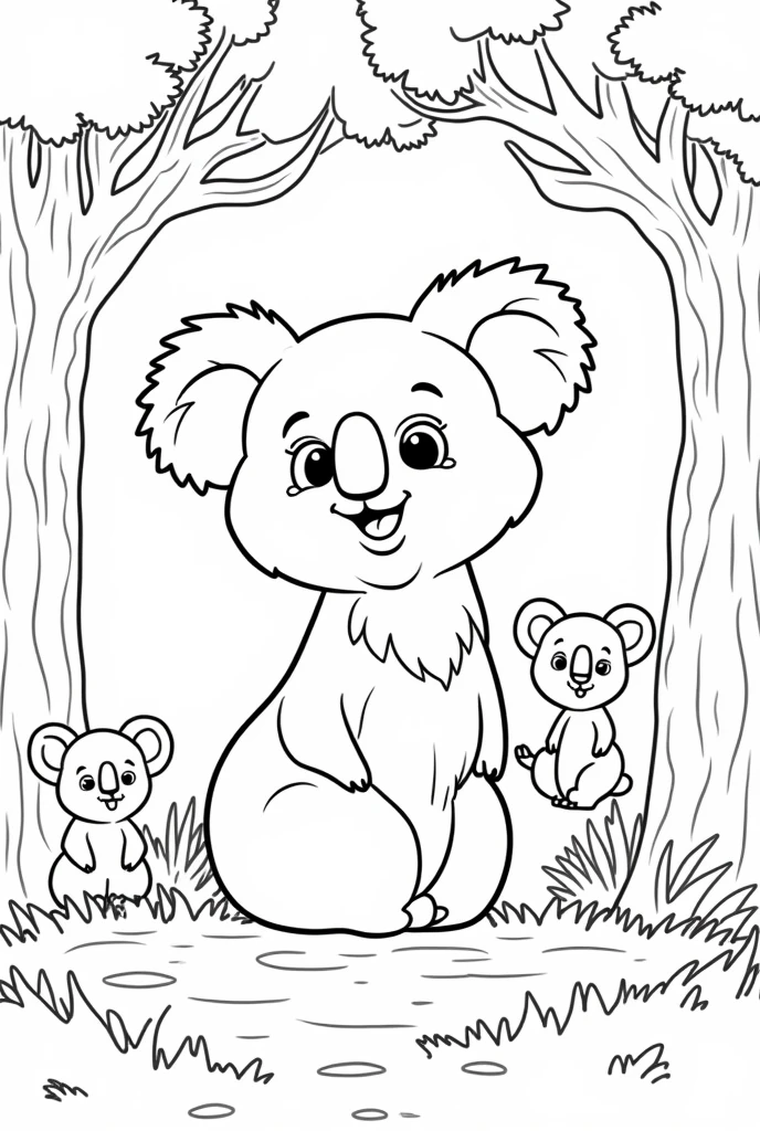 I want a black and white coloring page of a koala with a happy cartoon character face with lots of baby koalas in their natural habitat.