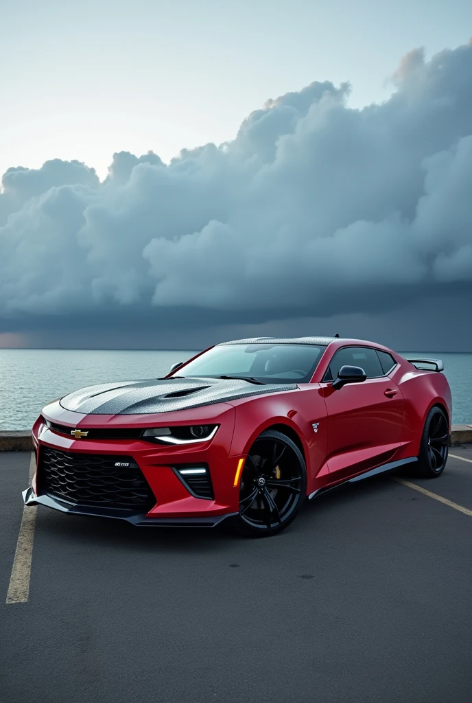 Car Photography, ((fusion of the design of the latest model Chevrolet Camaro and Nissan GT-R R35)), BLAKE, parking lot by the sea, typhoon clouds in the distance in the background,