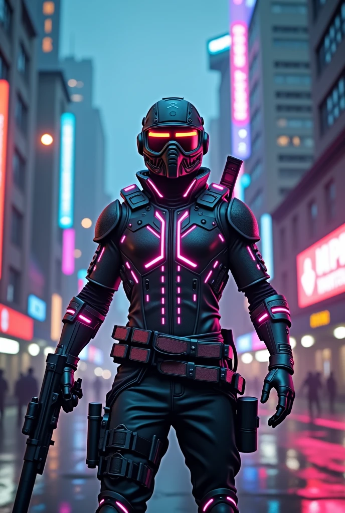 Best quality, a high resolution, beautiful detailed, extremely detailed, perfect lighting, glowing eyes, Cyberpunk-style PUBG Mobile game form