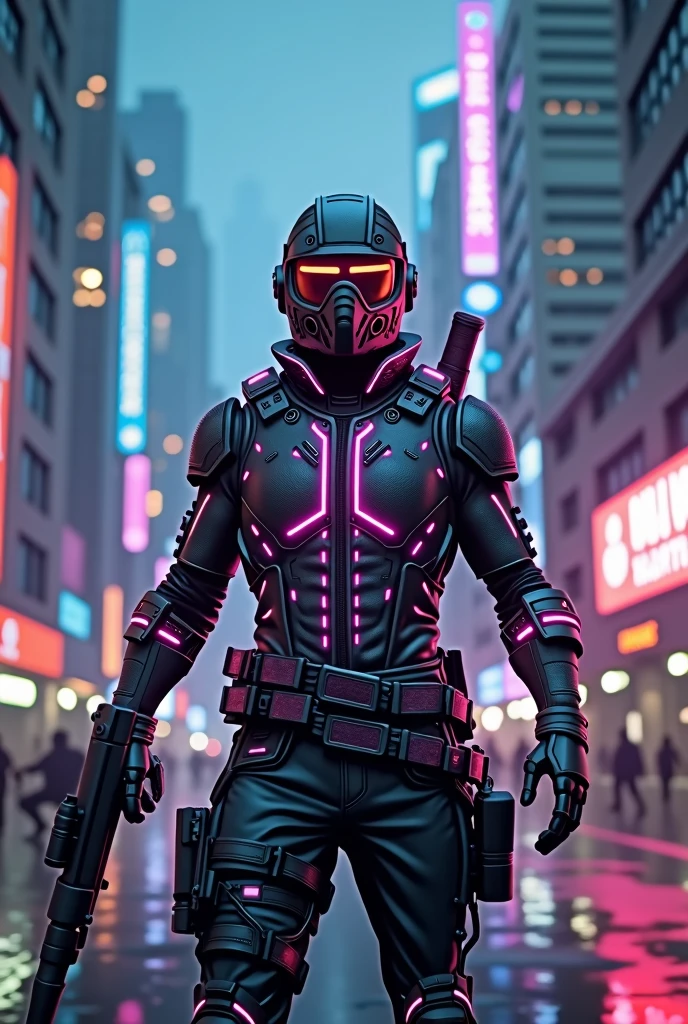 Best quality, a high resolution, beautiful detailed, extremely detailed, perfect lighting, glowing eyes, Cyberpunk-style PUBG Mobile game form