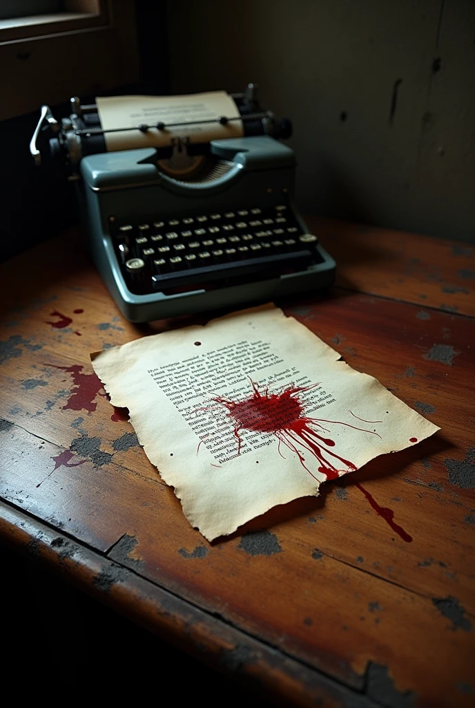 
A typewriter sits on a wooden desk with a piece of paper covered in black ink. The desk and the paper are stained with blood drops.
