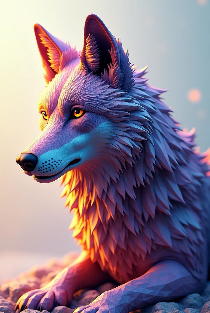 A mesmerizing 3D render of a mosaic masterpiece depicting a captivating wolf, adorned with intricate geometric patterns of interconnected triangles. The wolf features a dazzling array of colors, including deep purples, blues, bright yellows, and oranges. The gradient effect enhances its striking colors and patterns. The minimalistic background contrasts with the vibrant design, making the wolf stand out brilliantly. Created using: modern mosaic techniques, vibrant color palette, detailed geometric patterning, smooth gradient transitions, minimalistic design, high-definition rendering, 3D modeling, artistic symmetry