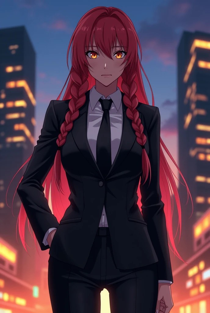 Make the image of a tall woman wearing a black suit and tie. She has braided red hair, honey-colored eyes. Her gaze is calm and serious and her body is strong. Anime style
