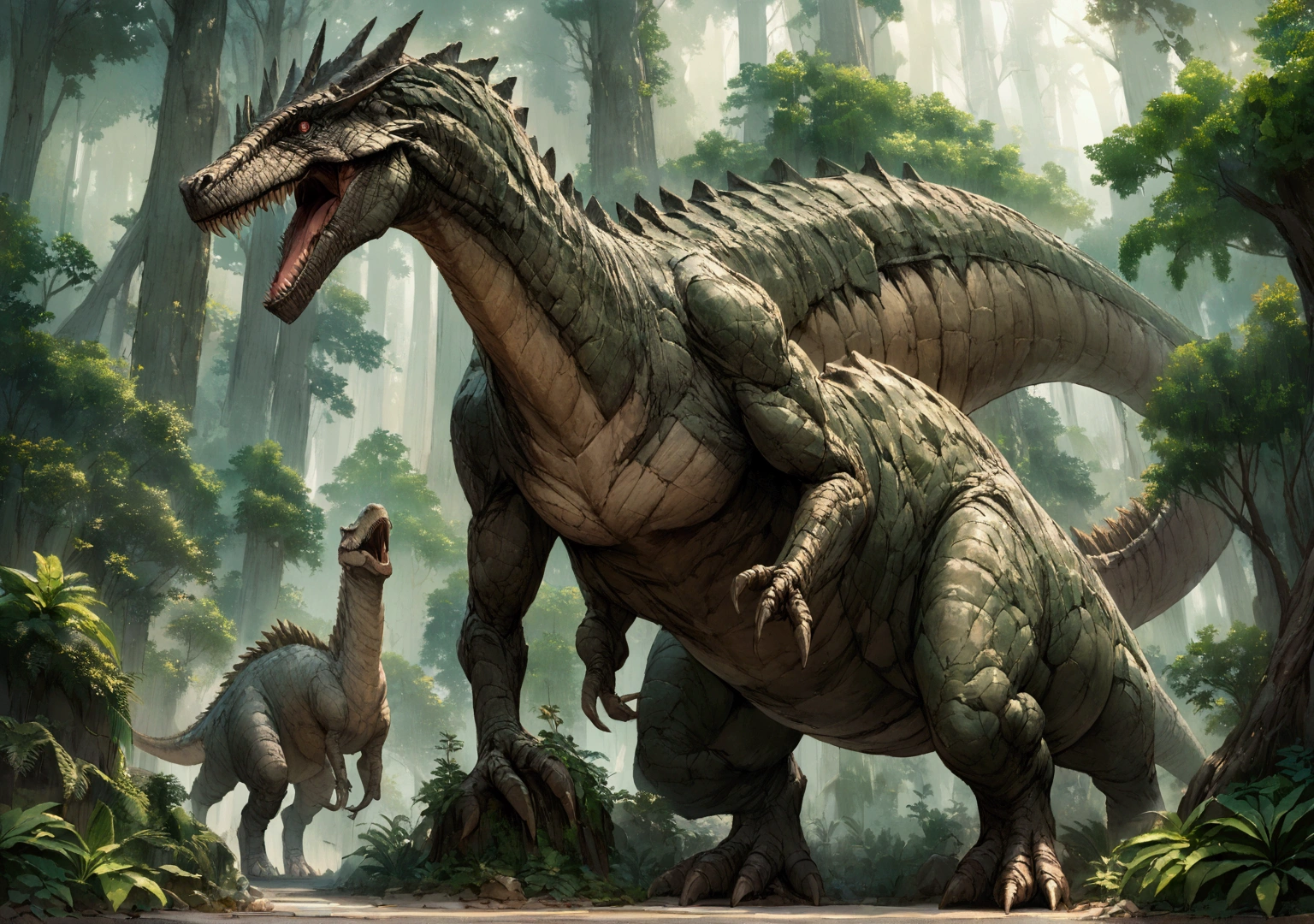 Dinosaurs resist waves，Dense forest，Super Large Reality，universe、Ancient　