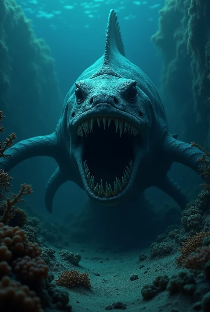 Porichthys porosissimus towards the screen, with a mouth full of huge teeth ready to attack the screen, with the dark seabed

