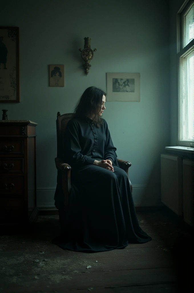 I'm alone in a portrait, having flashbacks of my life in the room of memories, lost in time, in my forgotten room. The images come out as if you were using long exposures for the pictures. , The message I want to convey is that you should not leave your memories behind, whether they are good or bad. , 24k rules of cinematic gothic composition, high contrast, sadness, nostalgia, dark atmosphere, masterpiece, super detailed