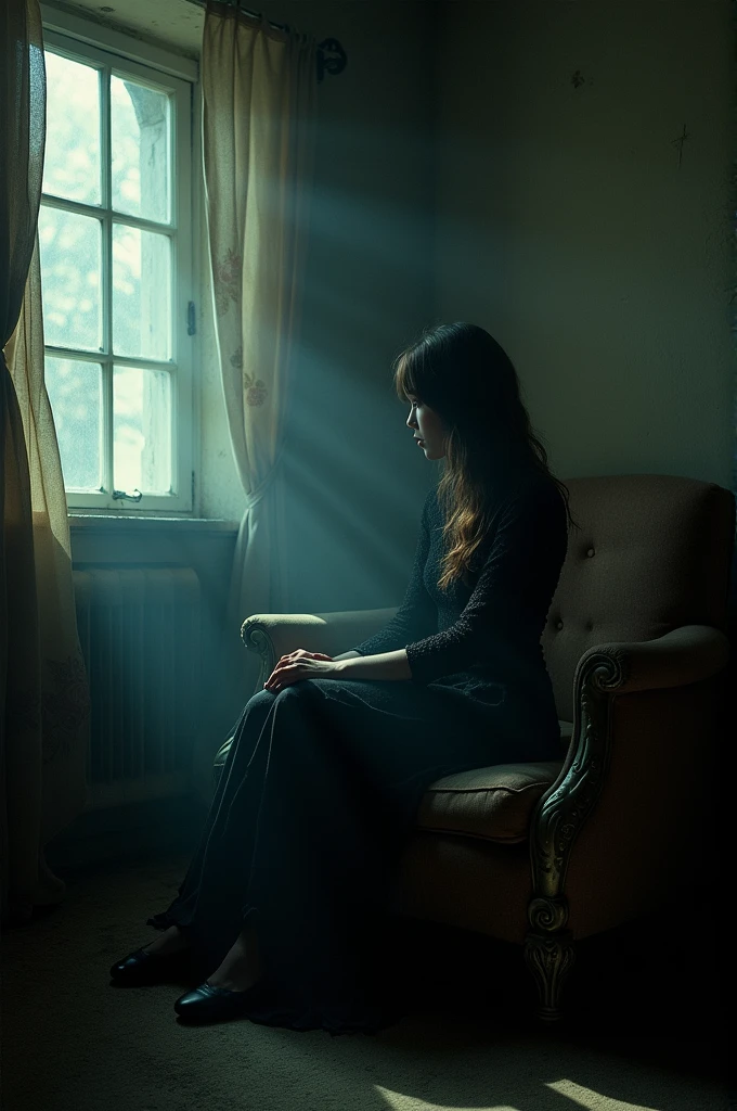  I'm alone in a portrait, having flashbacks of my life in the room of memories, lost in time, in my forgotten room. The images come out as if you were using long exposures for the pictures. , The message I want to convey is that you should not leave your memories behind, whether they are good or bad. , 24k rules of cinematic gothic composition, high contrast, sadness, nostalgia, dark atmosphere, masterpiece, super detailed