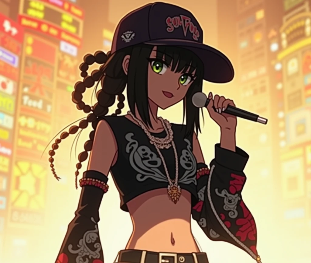 anime character rapper in braids with microphone in hand