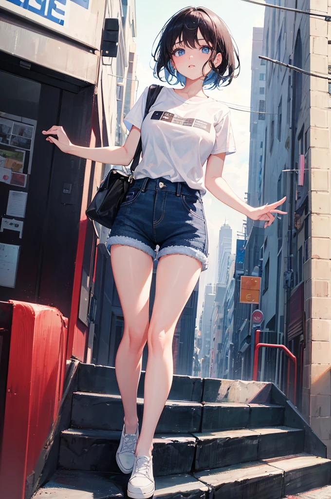 1girl, short black hair, blue eyes, wearing white shirt, Denim shorts , city, absurdres, high res, ultrasharp, 8k, masterpiece, looking at viewer