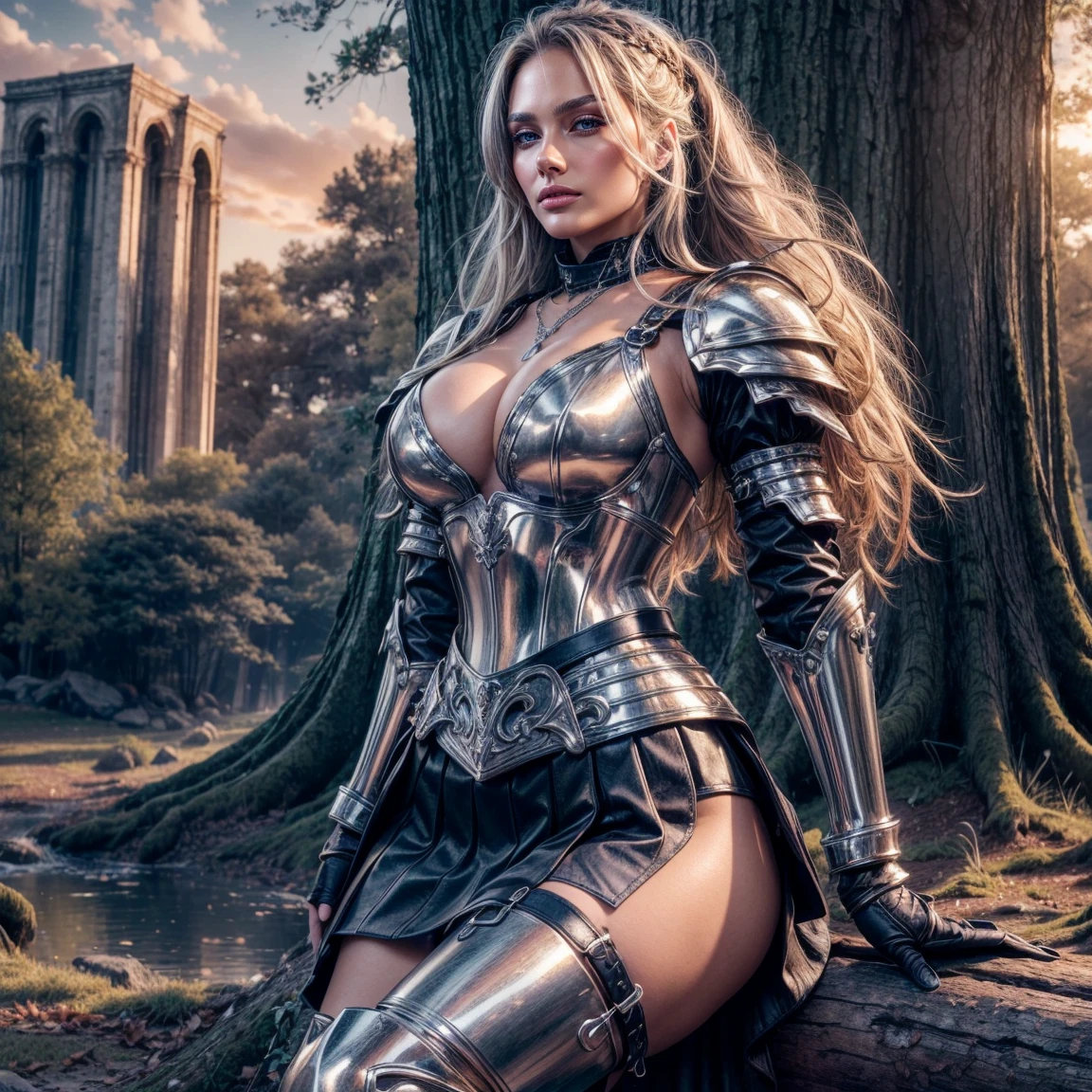 (Best Quality), (ultra-detailliert), (master piece), (hight resolution), (Original), (the Extremely Detailed CG Unity 8K Wallpapers), [:(Face detail: 1.4): 0.4], 16K resolution, 1 girl, 18 years young, medieval setting, (beautiful face, beautiful light blue eyes, long blond hair), (black steel armor, black mini skirt, leather straps on legs, hardened steel, very detailed armor), arrogant facial expression, conceited, confident, decadent (oak forest, giant oak tree, detailed forest in background, sunset background, bright lights, brightly lit), skintight armor, wearing silver necklace, slit cleavage, beautiful silver braclets, knik hips, slim waist, slim body, wears wide silver hip belt with silver buckle, hip belt is adjusted too tightly, hip belt cuts into waist, close up portrait