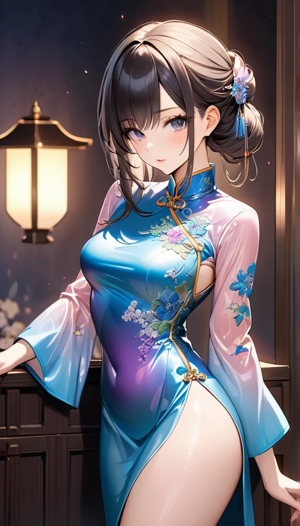 best quality, incredibly absurdres, extremely detailed, 2.5D, delicate and dynamic, beautiful woman, intelligent cool beauty, captivating look, tight up hair, wearing iridescent gradient sleeved cheongsam features intricate and luxurious embroidery, shiny satin fabric, accessories, superlative body proportion, gorgeous and gorgeous effects, background aristocratic social setting,汗だくで服が透けている