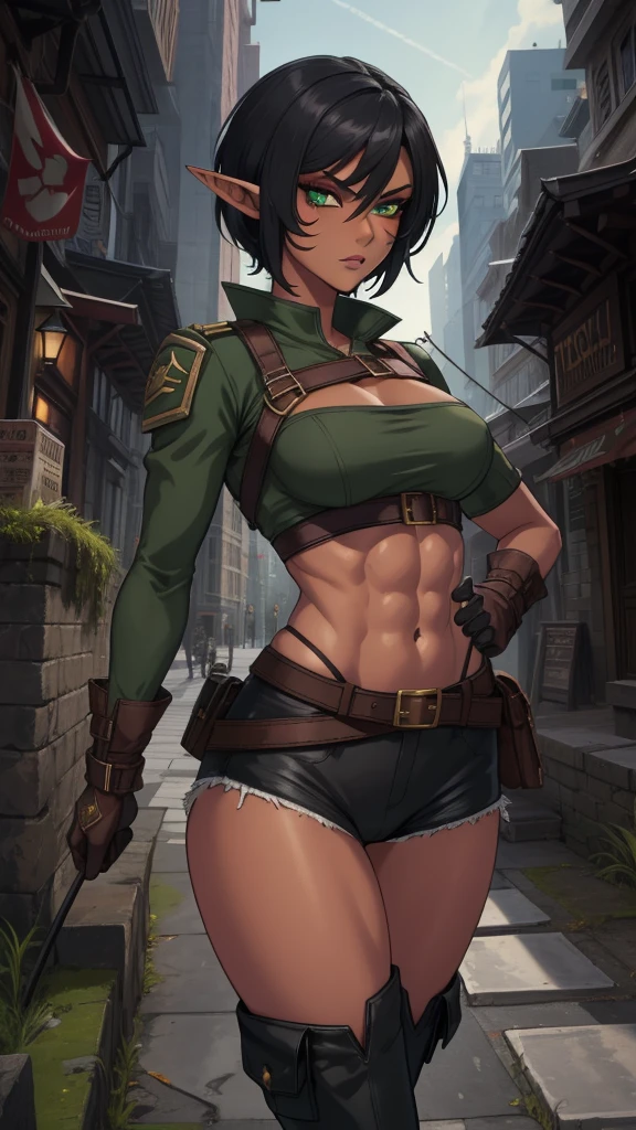 Ashelin, pointy ears,green eyes,dark skin,facial mark, red makeup , medium breasts, short hair, elf, abs, standing, close up, serious expression, closed fists, Solo, Aclothes,black gloves,highleg panties,midriff,belt,boots, tight black cargo pants, in a city, night time, city, soldiers in a city  (insanely detailed, beautiful detailed face, masterpiece, beautiful detailed eyes, best quality)