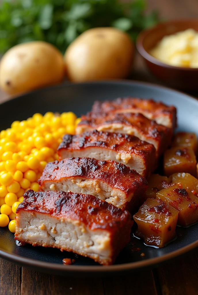 Steamed pork ribs food, cut into large squares, without sauces on top, corn kernels, husked , boiled peeled potato cut in half.
All these ingredients served on the same plate
