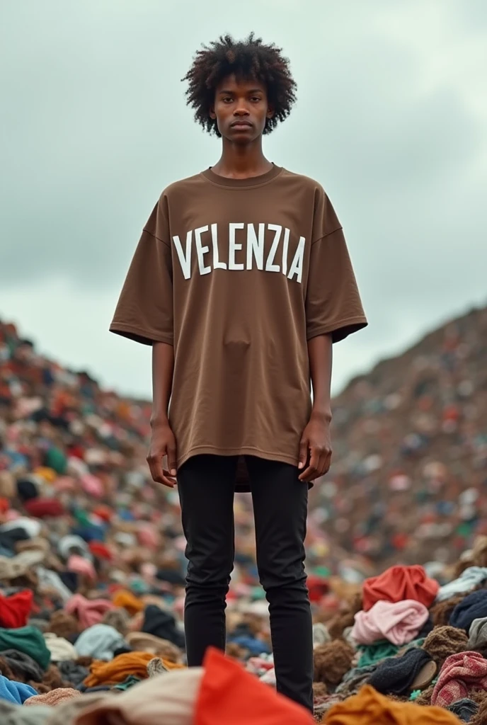 Create a image of a model standing over fast fashion huge wastes of this world  arround and wearing a oversized tshirt make up of eco friendly fabric of coffee colour and on the tshirt it's written VELENZIA with white colour make a huge photo story telling about destroying nature 