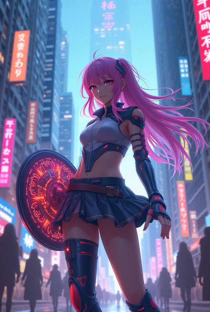 Anime girl, shield, in city