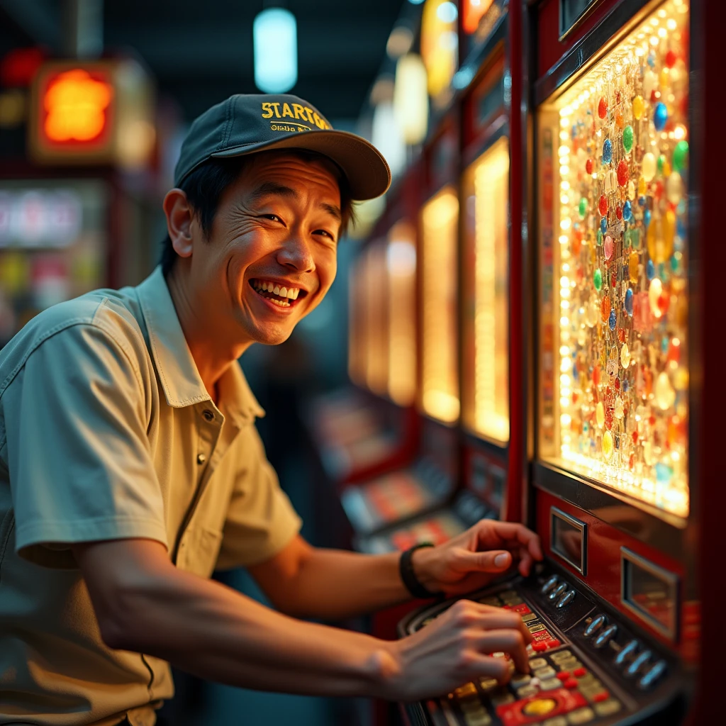 A stupid-looking man wearing a cap is grinning while playing pachinko.