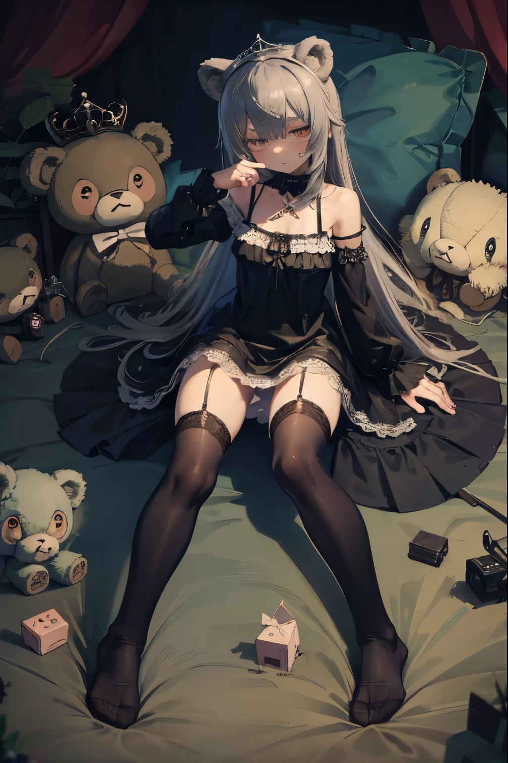 Highest quality, masterpiece, Ultra-high resolution, One Girl,slender,Corpse Pile々,The Sin of Sloth,Giant stuffed animal,Bear Motif,Devouring Sweets,Sleepy eyes,tiara,camisole,Lace Underwear,One-Sided Long Socks,Lie down,Commanding an Army of Plushies,Bear Ears