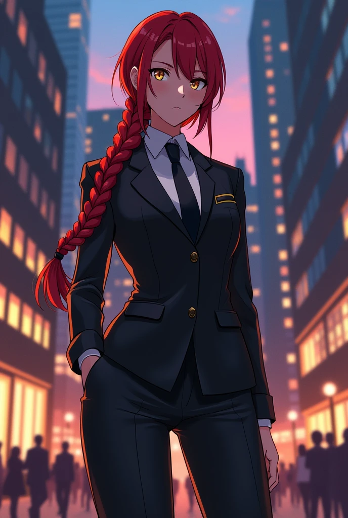 Make the image of a tall woman wearing a black suit and tie. She has braided red hair, honey-colored eyes. Her gaze is calm and serious and her body is strong. Anime style