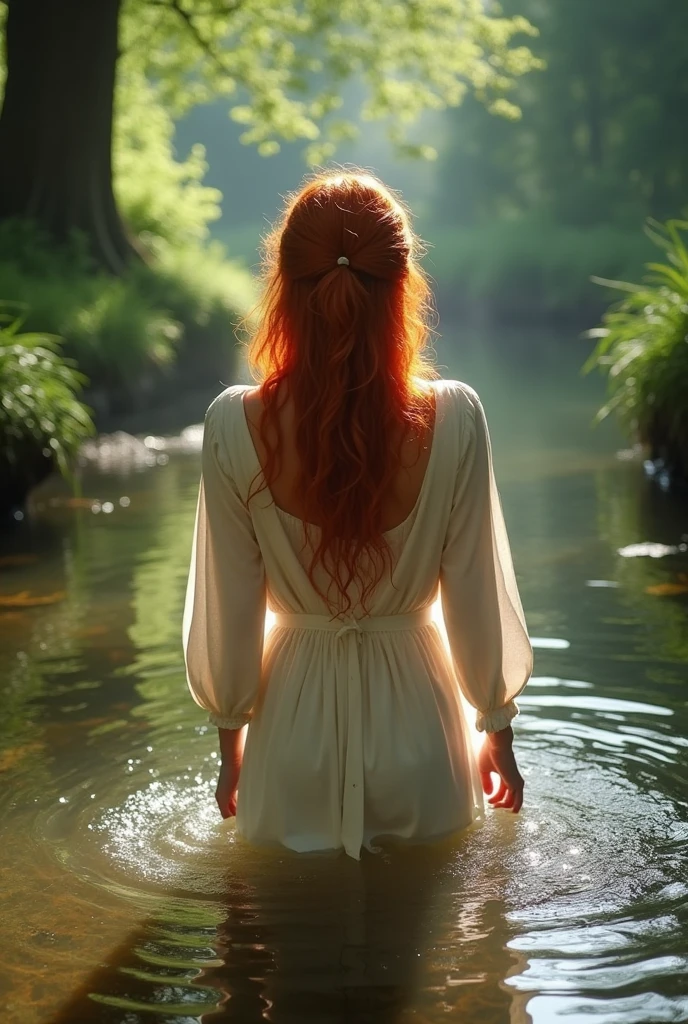 red-haired Linda bathing in the river, medieval times