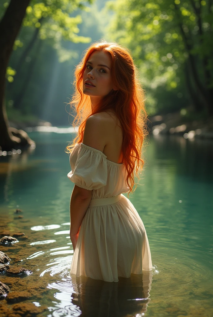 red-haired Linda bathing in the river, medieval times