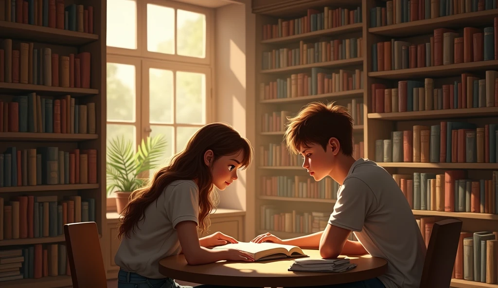 Two people in a library - A girl discreetly getting closer to the person she likes, pretending to look for a book but clearly wanting to be near him.