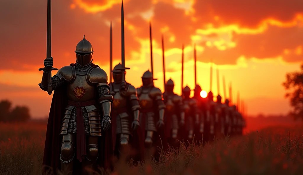 A highly realistic, high-contrast, 8K HD, detailed, hyper-detailed image of medieval knights from the provided image, marching forward with swords raised high in the glow of a fiery sunset. The knights, clad in steel armor with lion emblems on their tunics and helmets fully covering their faces, advance as one, their swords catching the warm, golden light of the setting sun. The sky is ablaze with vibrant hues of orange and red, casting a dramatic backdrop to the scene. The atmosphere is filled with determination and resolve, as the knights move forward with unwavering strength and unity. The image is of the highest quality, with ultra-high resolution, RAW photo quality, and Unreal Engine rendering, capturing the powerful and inspiring moment as the knights press on towards their destiny under the evening sky.
