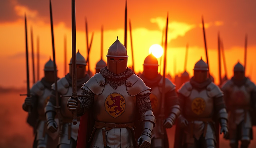 A highly realistic, high-contrast, 8K HD, detailed, hyper-detailed image of medieval knights from the provided image, marching forward with swords raised high in the glow of a fiery sunset. The knights, clad in steel armor with lion emblems on their tunics and helmets fully covering their faces, advance as one, their swords catching the warm, golden light of the setting sun. The sky is ablaze with vibrant hues of orange and red, casting a dramatic backdrop to the scene. The atmosphere is filled with determination and resolve, as the knights move forward with unwavering strength and unity. The image is of the highest quality, with ultra-high resolution, RAW photo quality, and Unreal Engine rendering, capturing the powerful and inspiring moment as the knights press on towards their destiny under the evening sky.