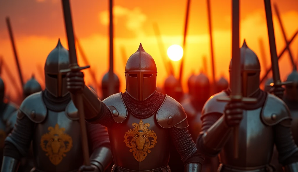 A highly realistic, high-contrast, 8K HD, detailed, hyper-detailed image of medieval knights from the provided image, marching forward with swords raised high in the glow of a fiery sunset. The knights, clad in steel armor with lion emblems on their tunics and helmets fully covering their faces, advance as one, their swords catching the warm, golden light of the setting sun. The sky is ablaze with vibrant hues of orange and red, casting a dramatic backdrop to the scene. The atmosphere is filled with determination and resolve, as the knights move forward with unwavering strength and unity. The image is of the highest quality, with ultra-high resolution, RAW photo quality, and Unreal Engine rendering, capturing the powerful and inspiring moment as the knights press on towards their destiny under the evening sky.
