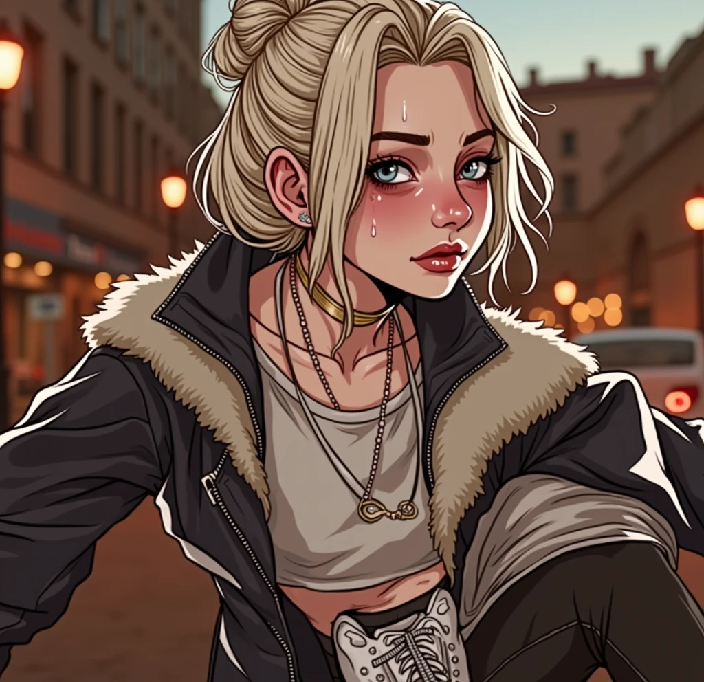 Russian milf, platinum blonde hair in top bun ,with very light blue eyes, pale, smeared heavy makeup. Wearing black moto jacket, cropped rock t-shirt, black leather jeans and white tennis sneakers. Sad face, crying