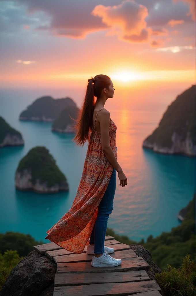 portrait of a beautiful Indonesian woman with long hair, two
ponytails, wearing a Maxi dress, long tight jeans and sneakers, standing on a plank platform dangling over the edge of a cliff, below you can see several small islands with sea water that looks blue from above. far away, the sky is exposed to the rays of light from the beautiful sunset in the afternoon, the charm of the sunset, an amazing natural tourist attraction from the city of Riau, which is famous as Puncak Kompe, one of the natural beauties that is very enchanting, very real, realistic, cinematic
