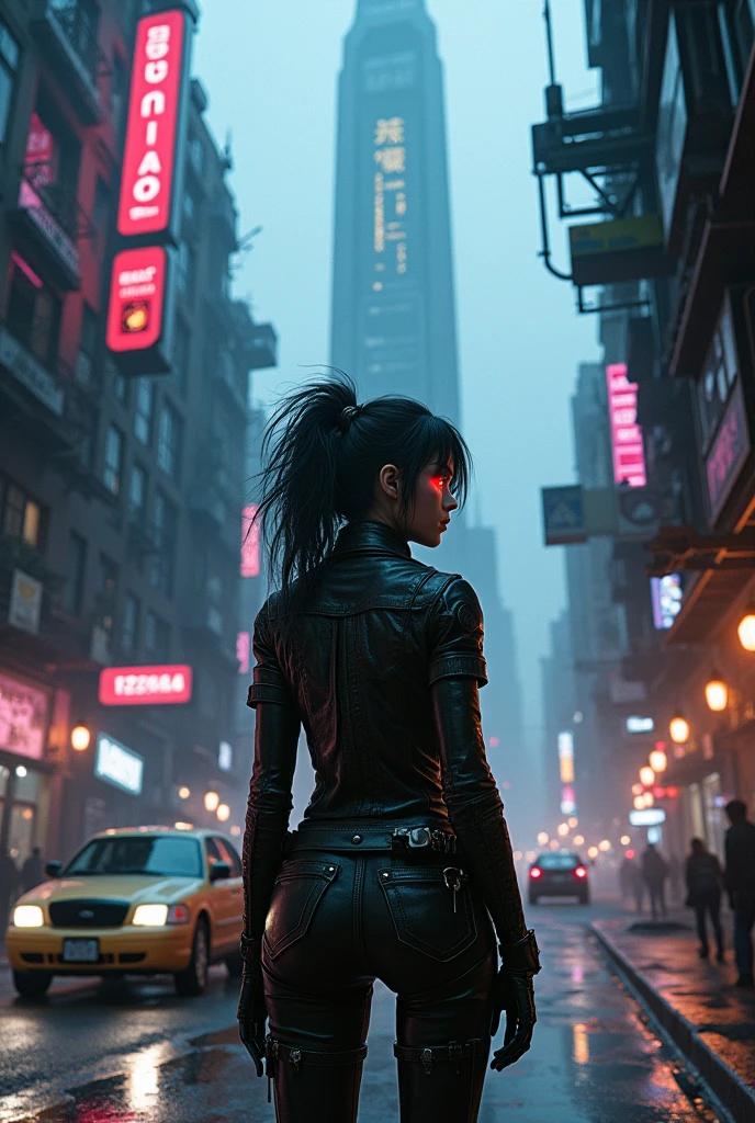 a futuristic cyberpunk city, a large skyscraper in the center, neon lights, dark alley, rain, puddles, android girl, detailed face, glowing eyes, leather jacket, high-tech gadgets, floating vehicles, industrial machinery, moody lighting, cinematic composition, dramatic shadows, vibrant colors, dystopian atmosphere