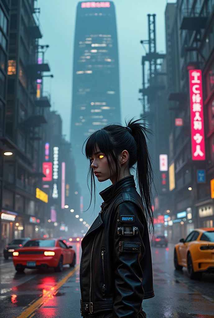 a futuristic cyberpunk city, a large skyscraper in the center, neon lights, dark alley, rain, puddles, android girl, detailed face, glowing eyes, leather jacket, high-tech gadgets, floating vehicles, industrial machinery, moody lighting, cinematic composition, dramatic shadows, vibrant colors, dystopian atmosphere