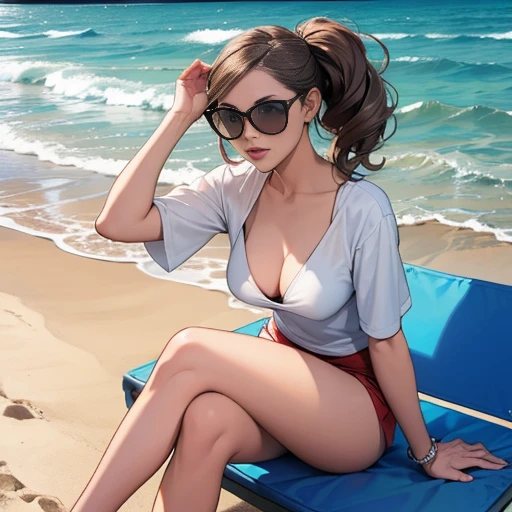 A woman sitting on a beach, with sunglasses perched on her head to block the sun, hair blowing in the wind