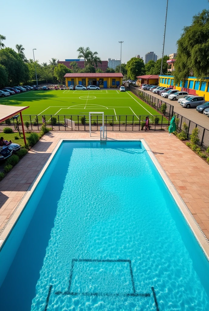 training center with swimming pool, soccer pitch, parking, party room
