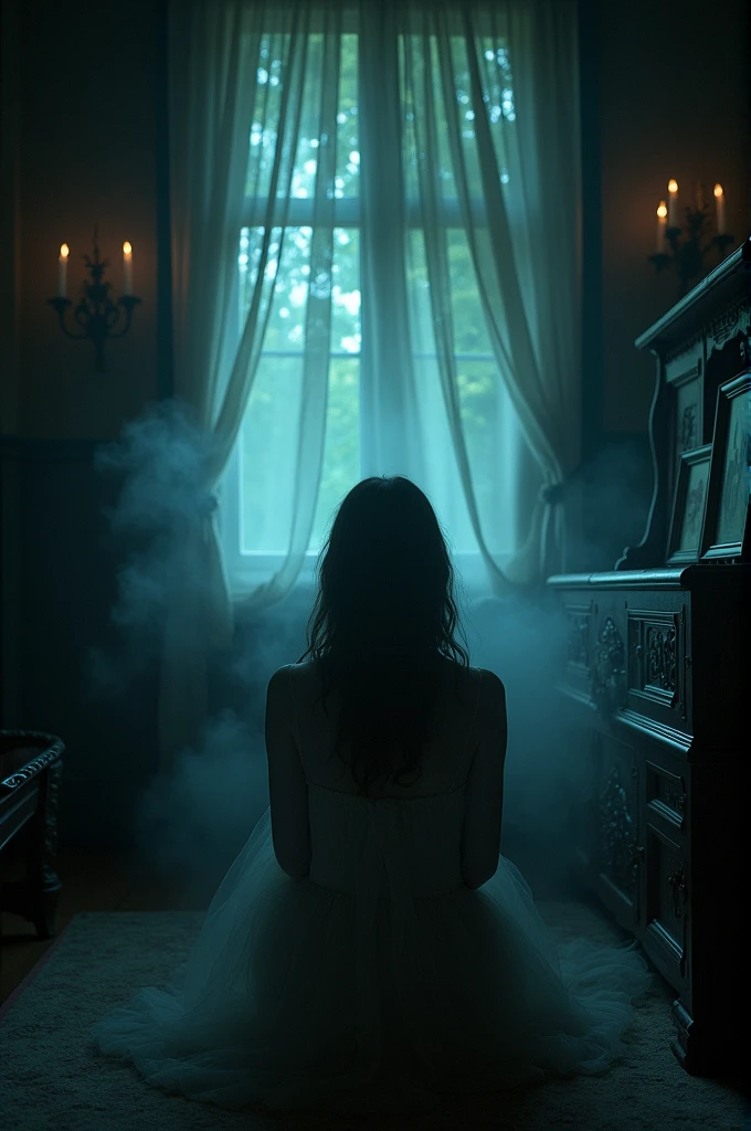 I'm alone in a portrait, having flashbacks of my life in the room of memories, lost in time, in my forgotten room. The images come out as if you were using long exposures for the pictures. , The message I want to convey is that you should not leave your memories behind, whether they are good or bad. , 24k rules of cinematic gothic composition, high contrast, sadness, nostalgia, dark atmosphere, masterpiece, super detailed