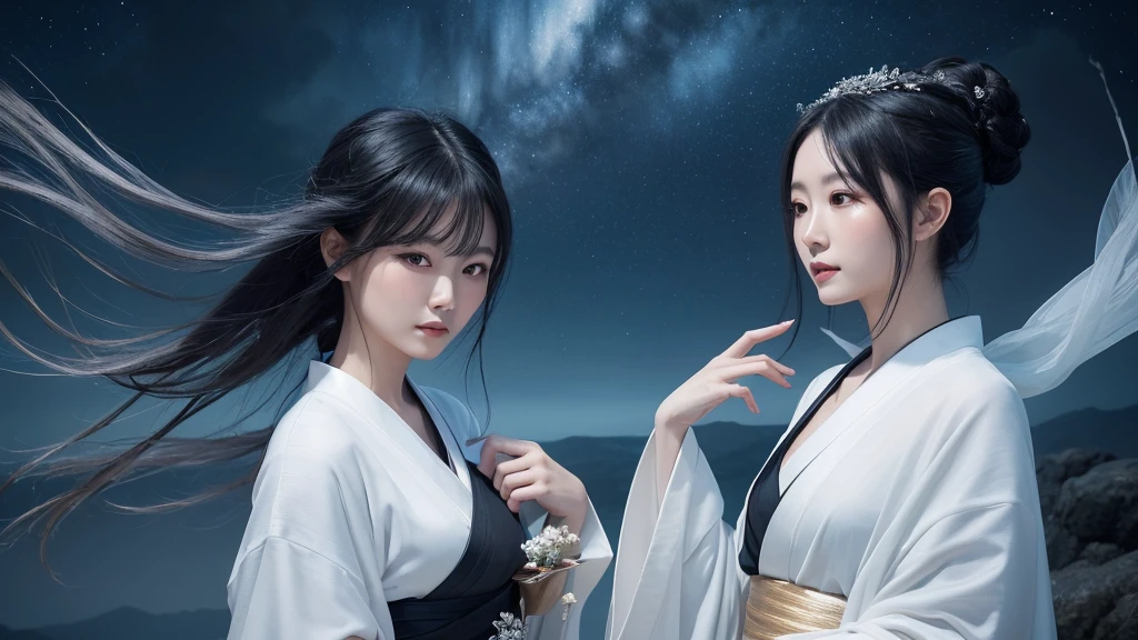 A delicate and lovely ancient goddess with lustrous black hair. She wears a white kimono wear  and a simple silver hair mixture. The background is a fantastic and ethereal night sky, as if possessed by a specter. Her expression is stern and atmospheric.