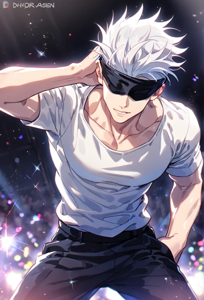 Ultra detailed, HDR, Highres, absurdres, masterpiece, best quality, solo focus, Gojou Satoru, white hair, black blindfold, covered eyes, white shirt, black pants, Jujutsu Kaisen, sexy man, handsome, stage, concert, handsome, sensual, glittering, solo, manly man
