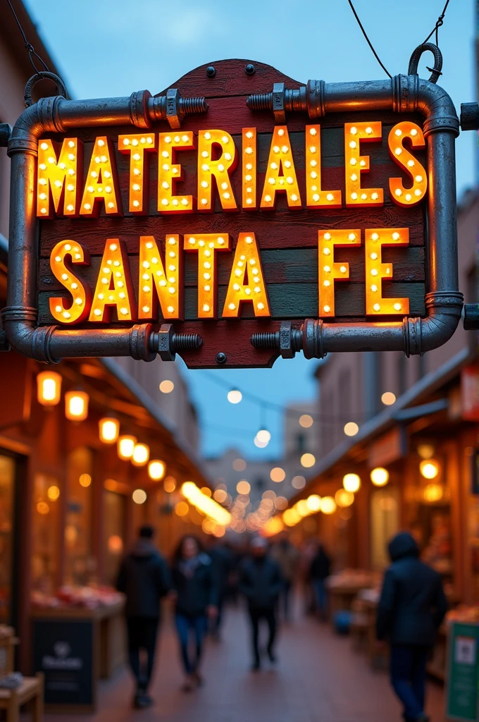 A sign that says MATERIALES SANTA FE that is made with materials from a hardware store and is really cool