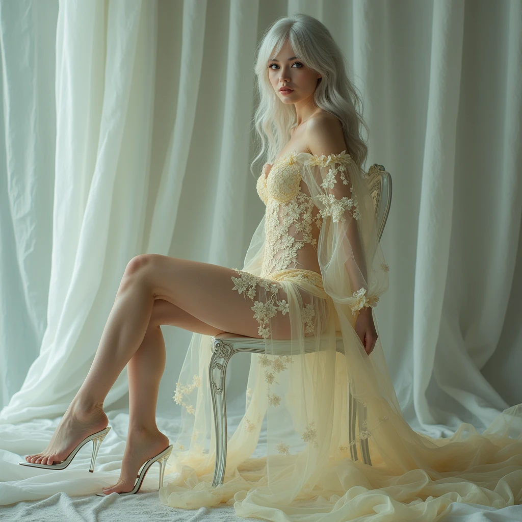 Hyper-realistic photo of a professional model with pale skin posing for a fashion photoshoot. Beautiful model in transparent floral lace night short dress, slender figure, beautiful large breasts, covered in transparent veil, lots of body exposure, full body image facing forward, fantastical painting-like image, silver hair, white translucent skin, long false eyelashes, sitting on a chair facing forward with legs apart, facing forward with legs apart, lemon pastel transparent floral lingerie, glass high heels,